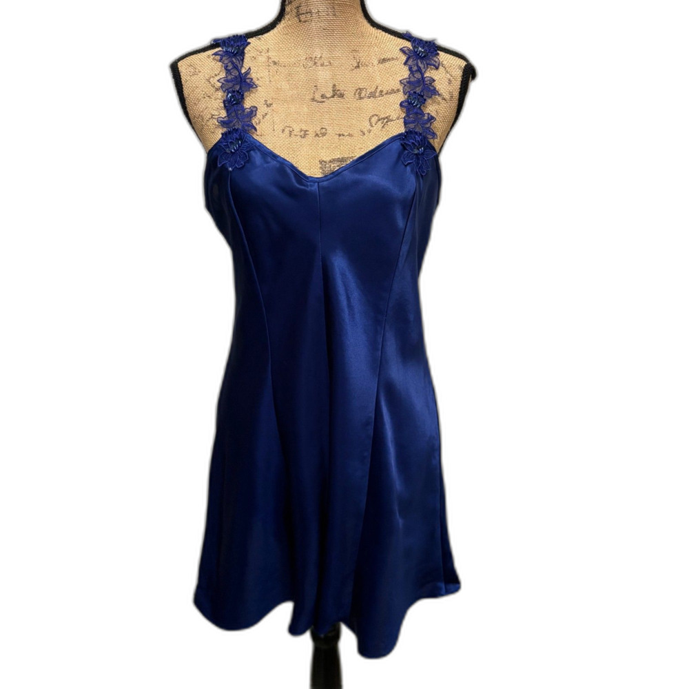 Vintage 90s Royal Blue Mini Slip Dress Floral Strap Satin Sexy Date Night Medium